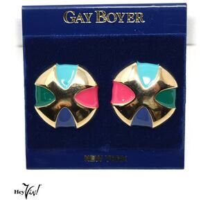Vintage Gay Boyer Clip On Earrings Gold & Colorful Enamel Original Card -Hey Viv
